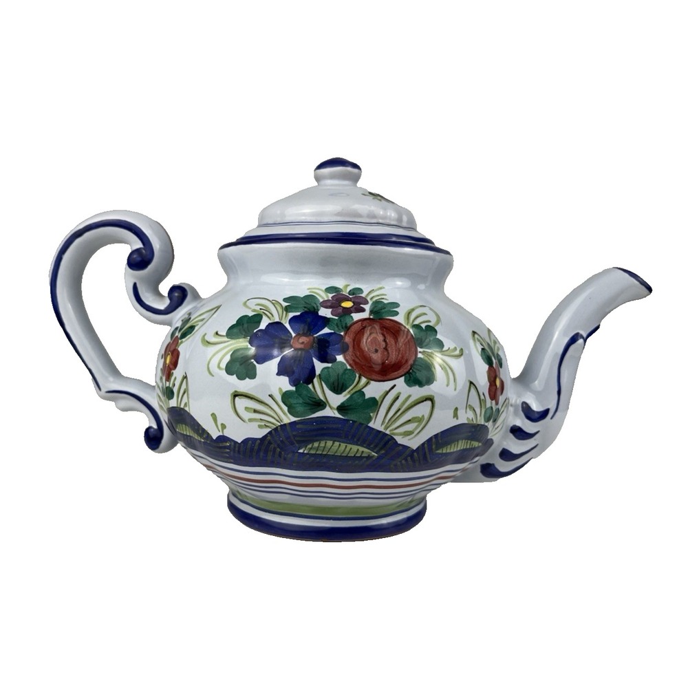 Faenza Garofano Blue Carnation Tea Pot Ceramic Italy Hand Painted Floral Vintage